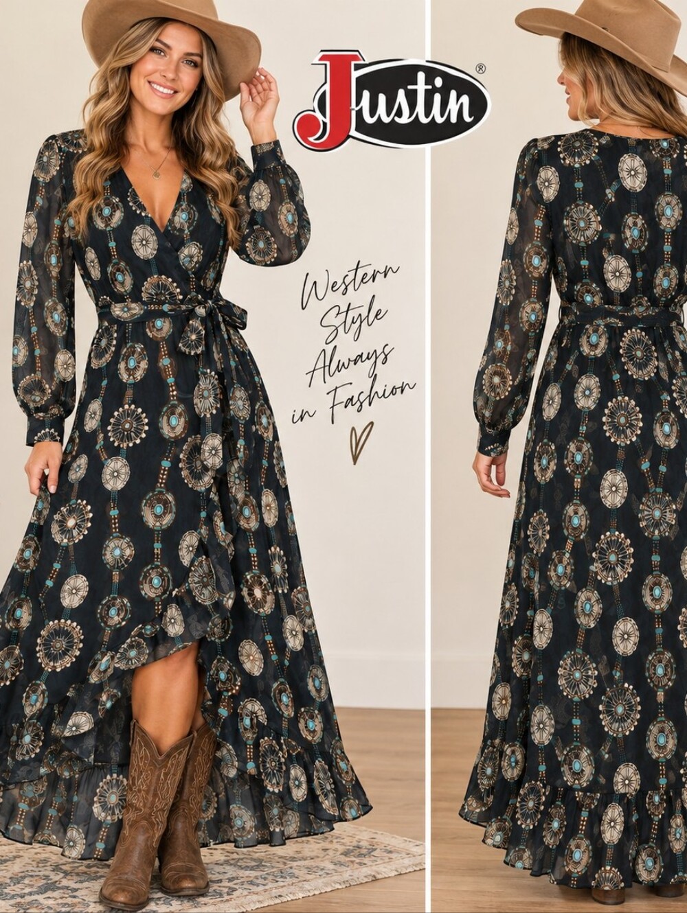 Justin Womens L Wrap Maxi Dress NWT Black Concho Western High Low Long Sleeve